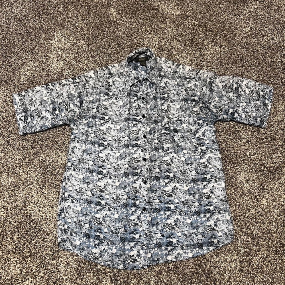Bruno Medium 100% Silk Button Down Shirt Blue Gray Abstract‎ Short Sleeve Casual